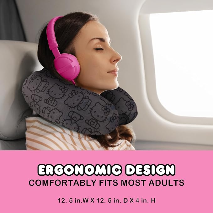 FUL Hello Kitty Neck Pillow, Black | All Over Print Memory Foam Travel Accessories for Airplane, Car and Office, Comfortable and Breathable - Image 5