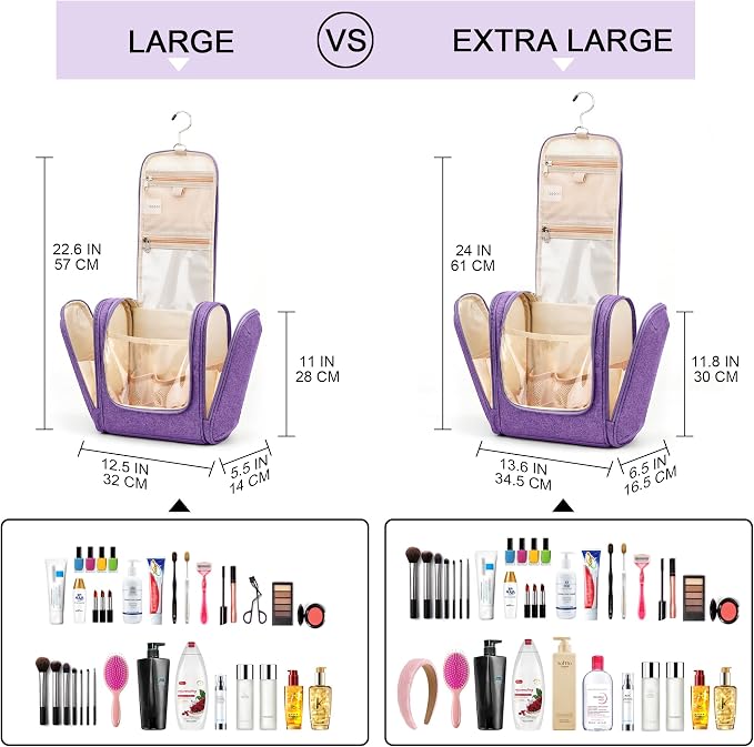 Hanging Travel Toiletry Bag for Women and Men, 6 Organizer Compartments, Large Toiletries essentials, Bathroom Cosmetic Accessories, Water-resistant Makeup Bag, Holds Full-Size Shampoo, Purple - Image 7