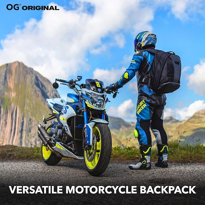 EZ-RiderPRO Waterproof Motorcycle Backpack 2 Helmets 28-35L Black Logo | Expandable design with laptop compartment, helmet strap and reflective details for commuting and motorcycle touring. - Image 2
