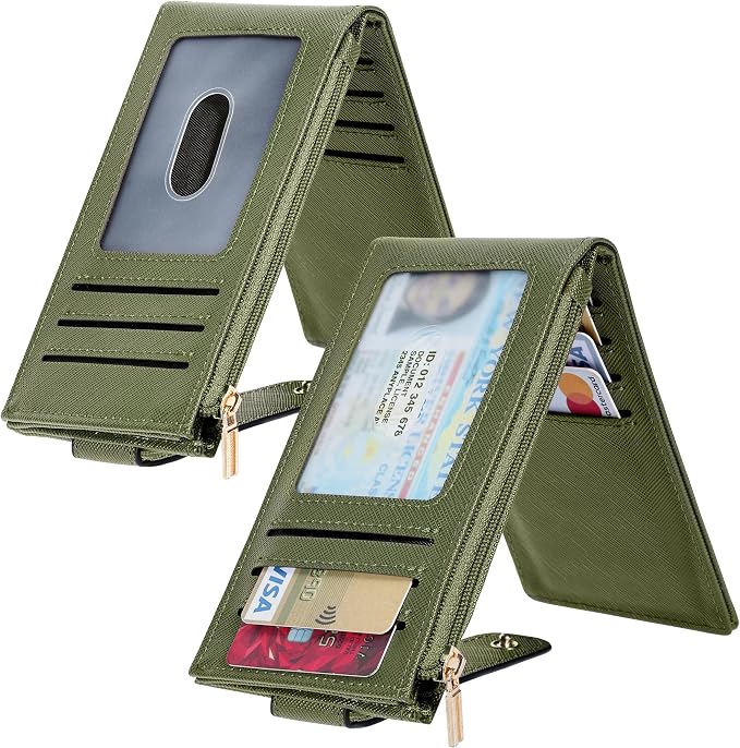 Chelmon Women's RFID Slim Card Holder Wallet | Thin Bifold Multi Card Case with Zipper Coin Pocket Purse for Women(Green Army) - Image 2