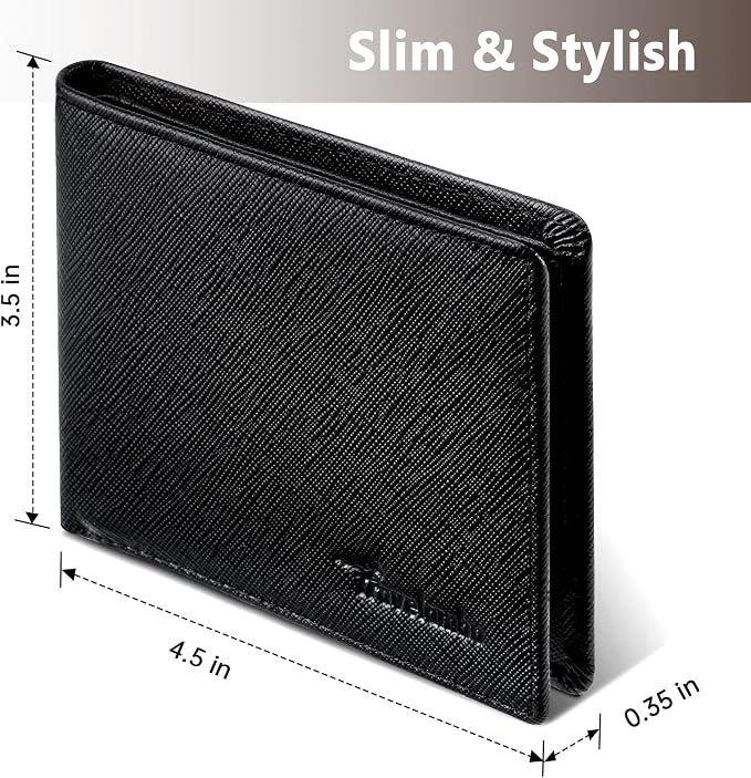 Travelambo Leather Wallet for Men, Slim Minimalist RFID Credit Card Holder | Mens Thin Bifold Pocket Wallet, Gift for Father, Crosshatch Black - Image 5