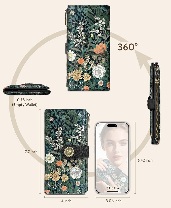 GIANCOMICS Wildflower Flower Womens Wallet RFID, Credit Card Holder Bifold | Billfold, Cute Cash Purse, Travel Zipper Coin Pocket, Compact Clutch, PU Leather, ID Window, 11 Card Slots, Ladies Gift Woman - Image 5