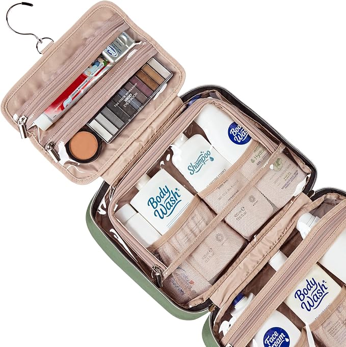 NISHEL Travel Toiletry Bag for women, Portable Hanging makeup Organizer | for Travel-Sized Shampoo, Conditioner, Brushes Set, makeup Accessories, Medium Size, Large Size, Bronze Green - Image 4