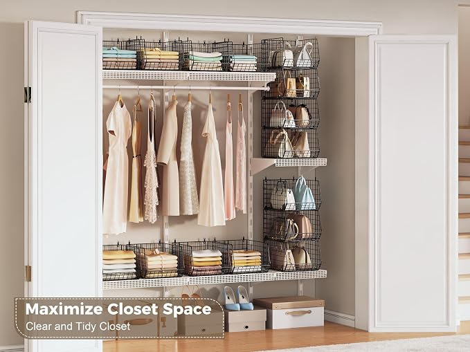 4" Extra Deeper Hanging Closet Organizers and Storage,4 Tier Foldable Wire Cabinet Shelves with 5 S Hooks,Small Metal Basket Bins for Clothes Sweaters Handbags, Wardrobe for Kitchen Laundry Room，Black - Image 8