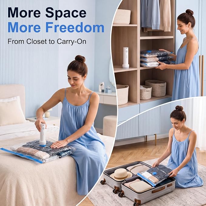 12 Pack Vacuum Storage Bags for Travel with Cordless Rechargeable Pump, Carry-On Compression Seal Bags for Luggage and Suitcase, Space Saver for Clothes and Packing - Image 6