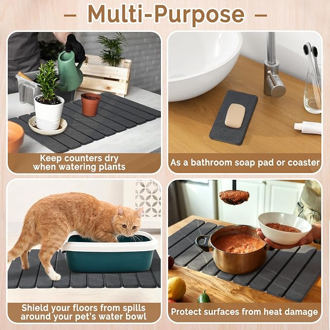 Large Stone Dish Drying Mat for Kitchen Counter,2 PCS Quick Dry Stone Mats,Foldable Water Absorbing Diatomaceous Drying Pad for Countertop Bottles Utensils Cups (Flow Line Dark Gray 24"x16" & 8"x4") - Image 6