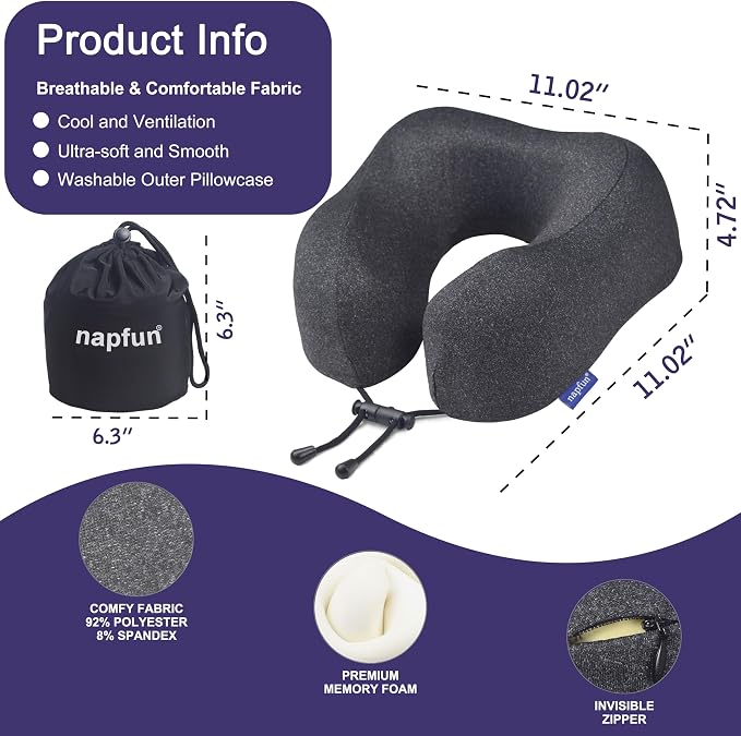 napfun Neck Pillow for Travel, Memory Foam Airplane Pillow, Full Black | 360° Neck Support, Upgraded 100% Memory Foam for Airplane, Car, Train, Bus, Office Sleep, Travel Essentials for Long Flights - Image 2