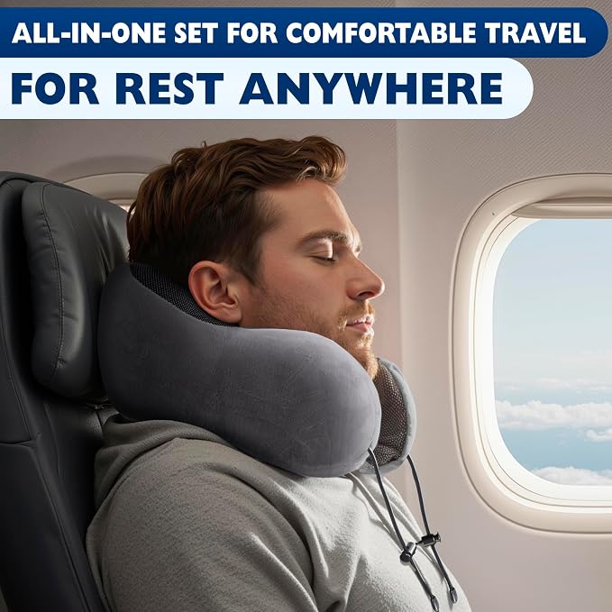 Travel Neck Pillow for Airplane, 100% Memory Foam (Gray) | 4-in-1 Set with 3D Eye Mask, Earplugs, Carry Bag, Washable Cotton Cover & Snap Buttons, Neck Pillow for Plane, Car & Train - Image 9