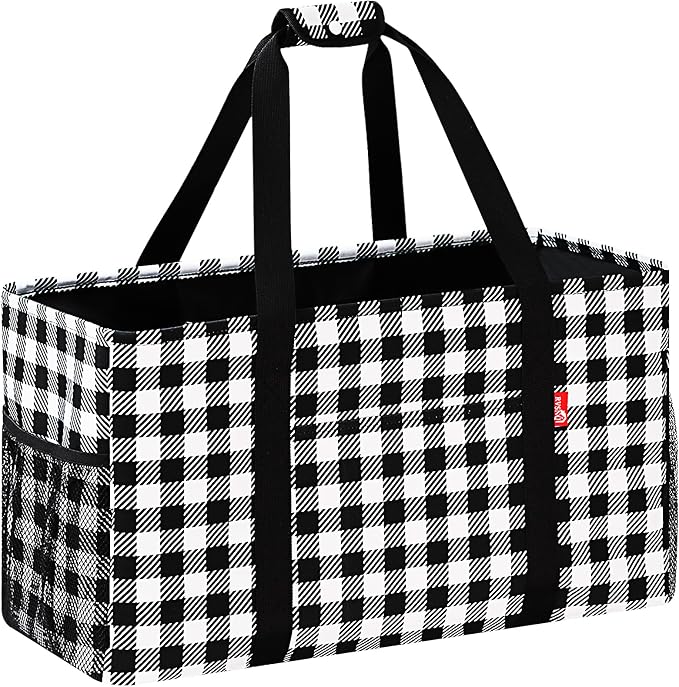 Extra Large Utility Tote Bag, Foldable Reusable Grocery Bags with Metal Wire Frame & Reinforced Bottom Board, Stand up Large Utility Tote for Groceries, Beach Bag, Laundry, Car (Cube Plaid) by RVSNQ