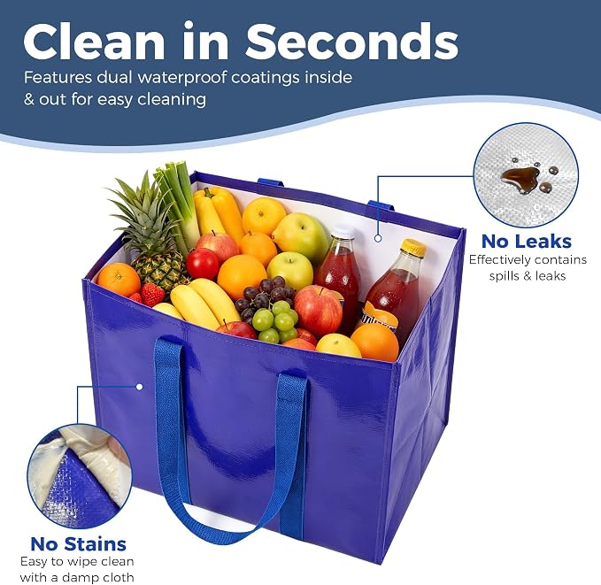 Reusable Grocery Bags, Waterproof & Foldable Shopping Bags Stand Upright | Heavy Duty Shopping Tote Bags, Waterproof & Foldable with Long Handles for Bulk Shopping, Versatile Storage 4 Pack-33L - Image 3