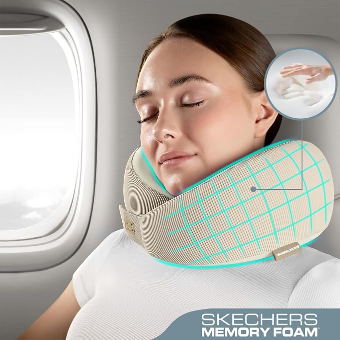 Skechers Men's Memory Foam Neck Pillow, Comfortable & Breathable Travel Pillow, Neck Pillow Airplane for Travel, Car Rides, Home, and Office Use, Ergonomic Design for Men and Women,Beige - Image 2