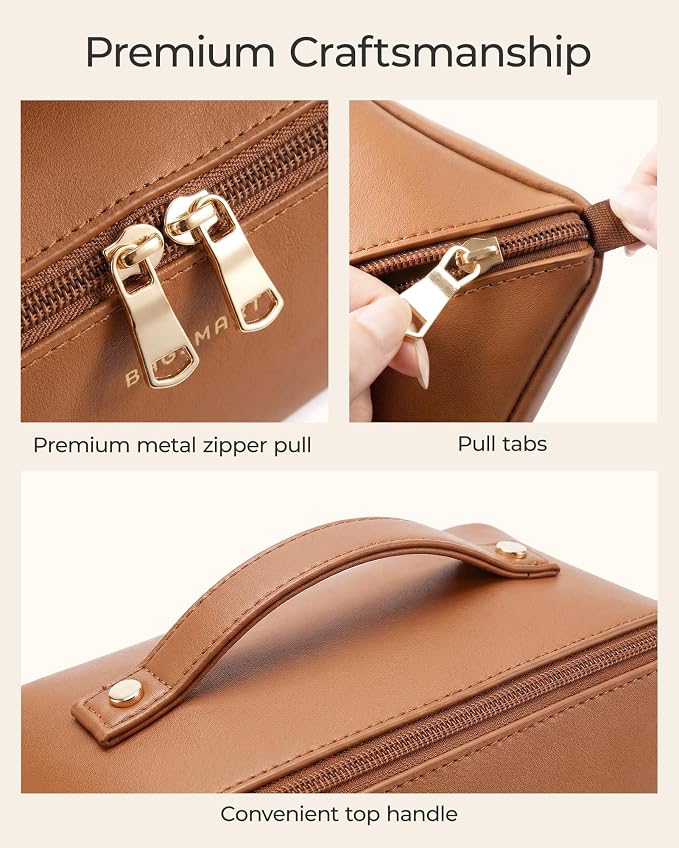 BAGSMART Makeup Bag Travel 3 Pcs Set Cosmetic Toiletry Bag,Classic Brown | 3 Pcs Set Large Make Up Bag Flat Open for Women, PU Leather Travel Essentials Organizer, Wide-open Pouch for Skincare,Brushes - Image 8