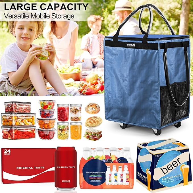 (Medium,Blue) Reusable Grocery Bag on Wheels, 70L Foldable Rolling Tote, Extra Storage for Shopping, Laundry & Moving, Zipper Clouser Shopping Carts for Camping, Moving, 4 Heavy Duty Wheels - Image 6
