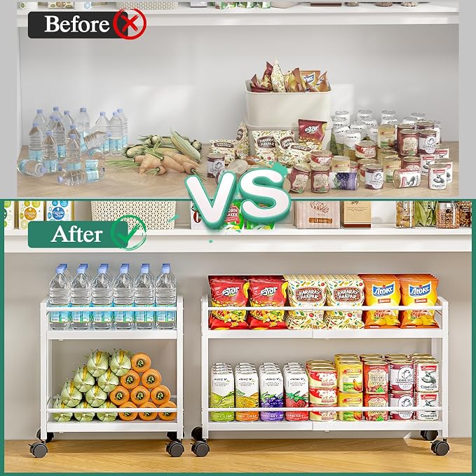 2-Tier Expandable Rolling Pantry Cart with Wheels, Adjustable Floor Organizer for Kitchen Pantry, Can Organizer for Pantry, Storage Cart for Snack, Food, Vegetables, White, Patent Pending - Image 6