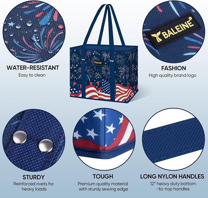 BALEINE 1PK Reusable Grocery Bags, Heavy Duty Shopping Tote Bag | 12'' Long Handles, Reinforced Bottom Keeps Upright, Fold Flat Storage, Water-Resistant Shopping Bag, Multiple Color Options - Image 4