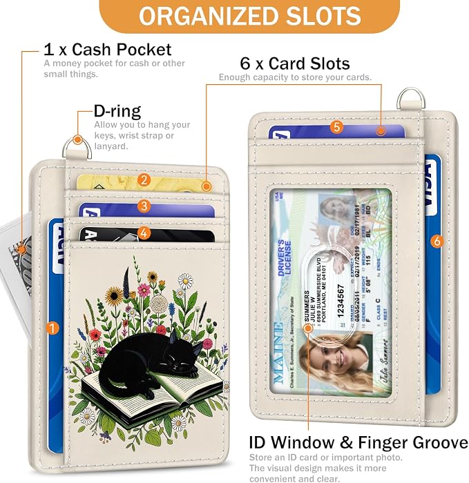 Yonlevres Cat Credit Card Holder Slim RFID Wallet Women Small Travel Cute | Front Pocket, Handy, RFID Blocking, Woman Girls Ladies Gifts, D-ring for Keychain,Thin Mini Card Case, ID Window, PU Leather - Image 4