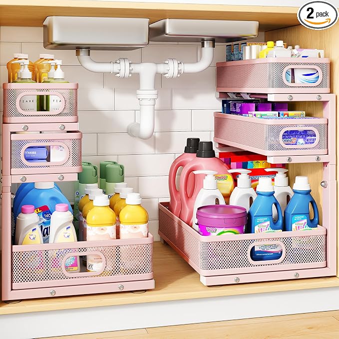 Under Sink Organizer, 3-Tier Thickened Metal Pull out Cabinet Organizer Shelf, Height Adjustable Slide out Storage Drawer Rack for Kitchen Bathroom Pantry Laundry Home Organization, 2-Pack, Pink | 35% Extra Storage Capacity, Carbon Steel, Hold Up 55lbs... by HERJOY