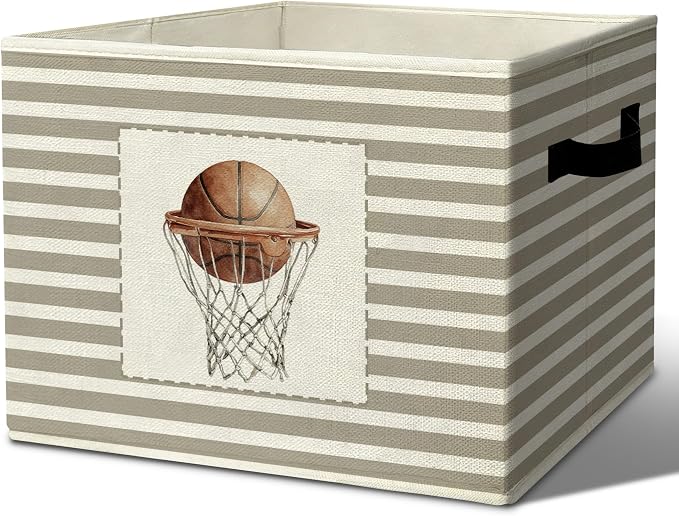 Rustic Basketball Hoop Storage Bins Boxes Handles | grey striped nursery foldable basket for organizing bedroom toddler playroom by Unknown
