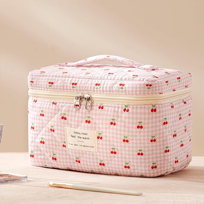 HBselect Quilted Makeup Bag, 3Pcs Cotton Large Travel Makeup Bags Organizer | Cute Floral Make up Bag Cosmetic Bag Toiletry Bag for Women Girls, Makeup Pouch for Skincare, Brushes & Travel Essentials - Image 6