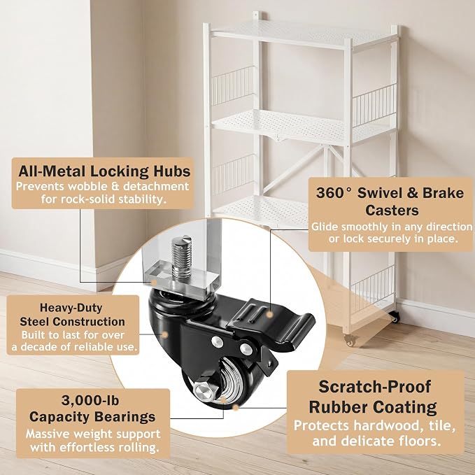 Folding Storage Shelves No Assembly, 4 Tier Foldable Storage Shelves with Wheels, Rolling Collapsible Rack for Pantry Laundry Room Kitchen, White - Image 5