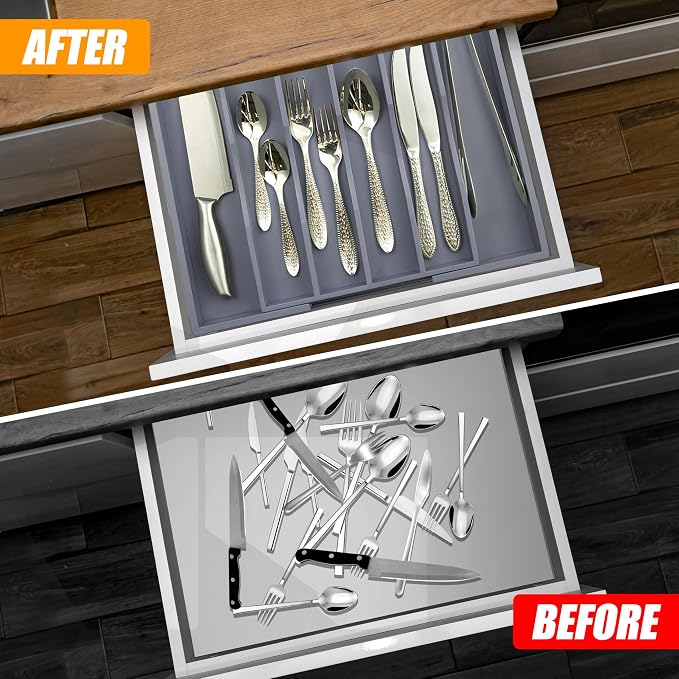 Kitchen Silverware Drawer Organizer and Storage Bamboo Wood Cooking Utensil Holder Cutlery Knife Jewelry Spice Rack Spoon Fork Multi Cabinet Organization Bathroom Counter Expandable Adjustable Tray - Image 3