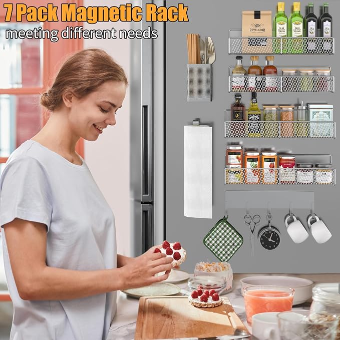 Magnetic Spice Rack for Refrigerator, 7 Pack 100% Metal Strong Magnet Shelves, Kitchen Spice Organizer W/ Hook Rack, Paper Towel Holder, Utensils Caddy, Home Laundry Room Storage Organization (Grey) - Image 6