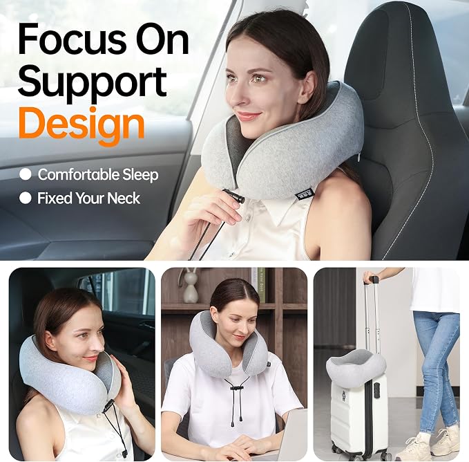 Travel Pillows for Airplanes,100% Pure Memory Foam Travel Neck Pillow | Washable Cotton Cover,Comes with 3D Eye Mask,Earplugs,Storage Bag,Ideal Travel Gift,Relieve Neck Pressure,Light Grey - Image 3