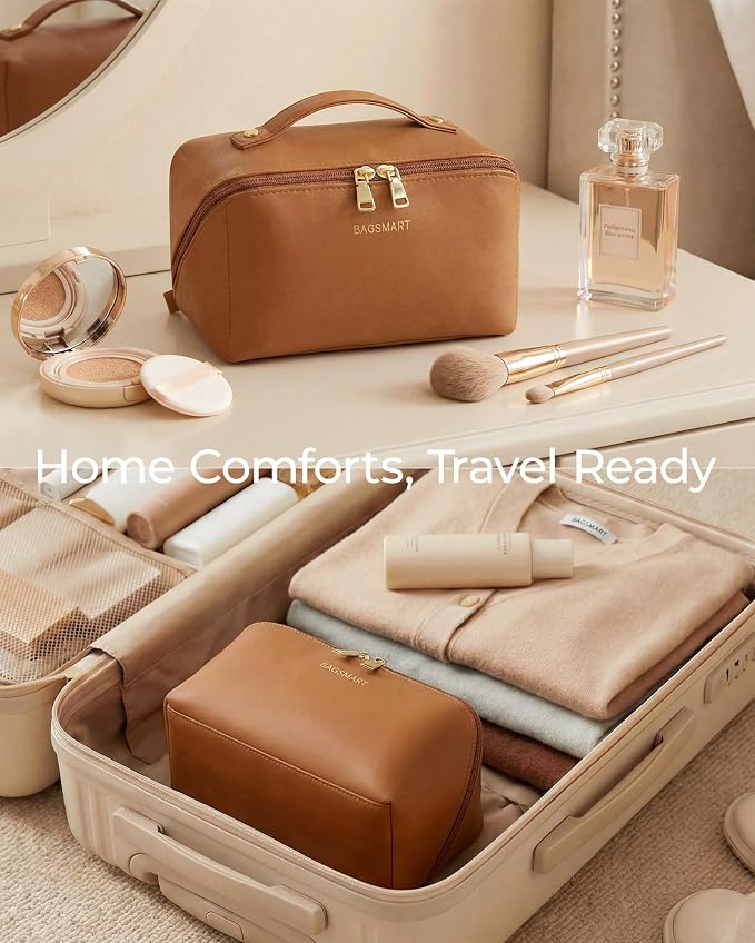 BAGSMART Makeup Bag Travel Cosmetic Bag,Women Toiletry Case, Brushes, Camel | Make Up Bag Flat Open Toiletry Bag for Women, PU Leather Travel Essentials Wide-open Skincare,Brushes Organizer Case Large - Image 8