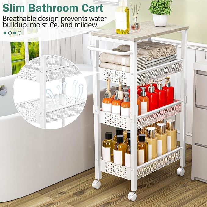 Vivihomety 4-Tier Laundry Utility Rolling Storage Cart with Wheels, Metal | Narrow 8.1" wide, lockable wheels, wood top panel, metal frame, for laundry room, small spaces, pantry, tight gaps, White - Image 3