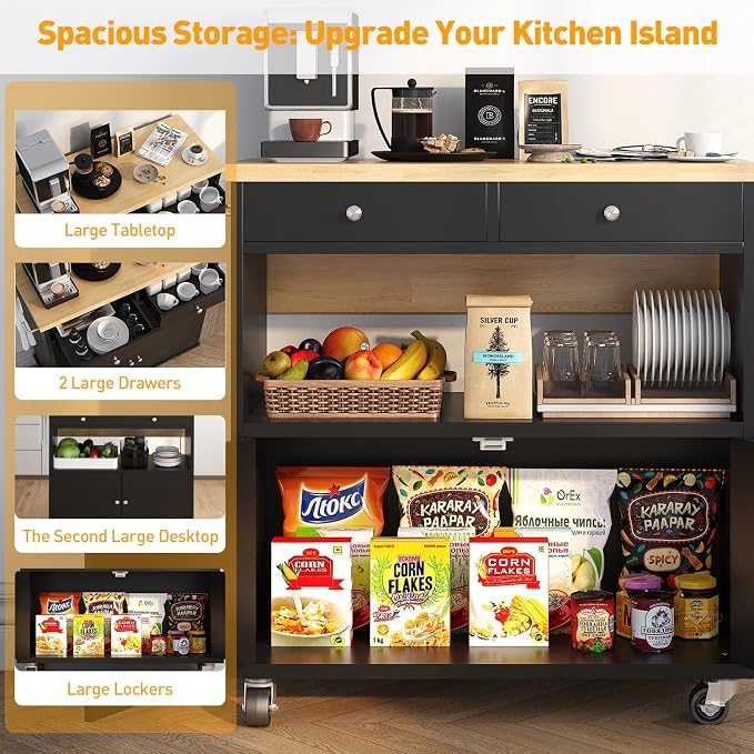 Rolling Kitchen Island with Folding Drop Leaf Breakfast Bar, 35.4'' W Kitchen Cart with Storage Cabinet and 2 Drawers, Portable Mobile Kitchen Island Table with Towel Rack, Lockable Wheels, Black - Image 5