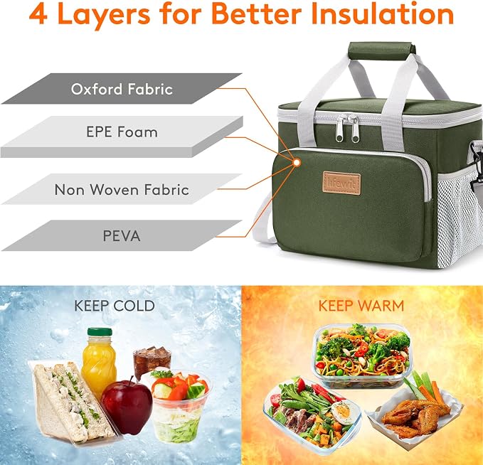 Lifewit Medium Lunch Bag, Insulated Lunch Box, Soft Cooler Cooling Tote for Adult Men Women, Gray and Green 12-Can (9L) - Image 2