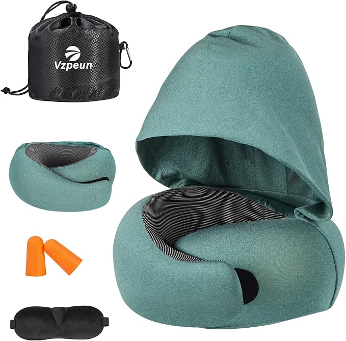 Travel Pillow - Hooded Neck Pillow Airplane Memory Foam Filling | for Plane, Office, Cars Sleeping, Road Trip, Long Flights Essentials, Includes Eye Mask & Earplugs (Green) - Image 6