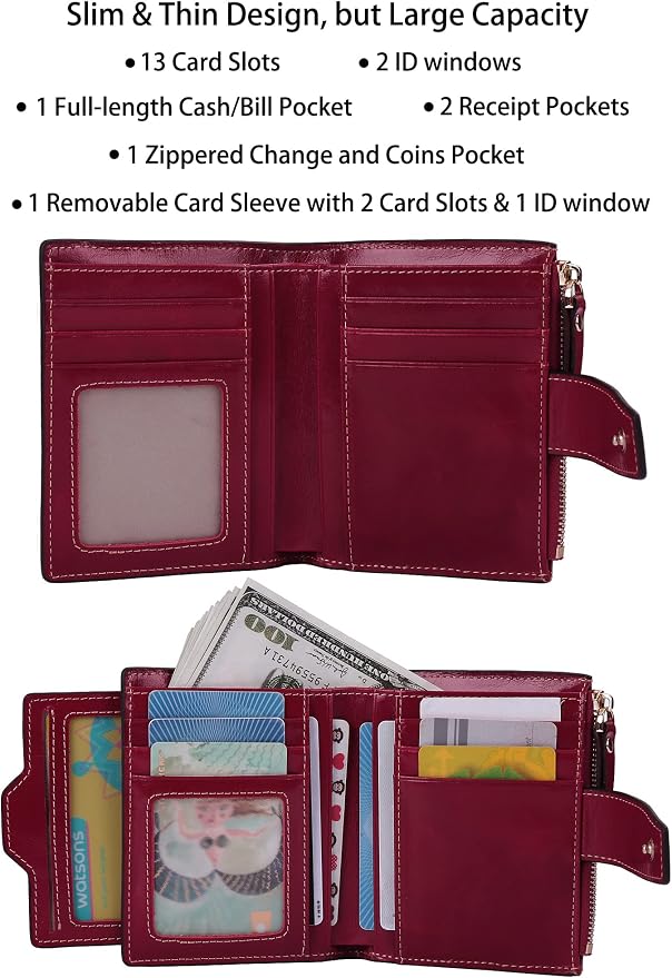 Women's RFID Blocking Leather Small Compact Bi-fold Zipper Pocket Wallet Card Case Purse with id Window - Image 2