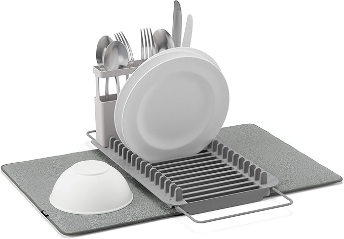 Umbra Udry Dish Drying Rack, Over Sink Foldable, 16 Slots, Dark Grey | Absorbent microfiber mat, arms extend 13 to 22 inches, utensil caddy included, machine washable by Umbra