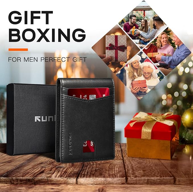RUNBOX Wallet for Men Slim Leather Bifold RFID Blocking Minimalist Front Pocket Design with Gift Box | Minimalist Front Pocket Design, Holds 8 Cards, RFID Protection, Gifts for Men on Birthdays, Father’s Day, and Christmas - Image 3