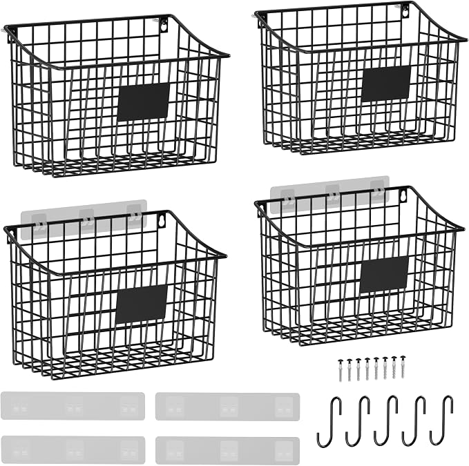 Wall Basket with Label Plate & 5 S-Hooks –4 Pack Hanging Wire Basket for Organizing, Wall Storage for Kitchen, Bathroom, Pantry, Laundry, RV – Hanging Wall Basket, Metal by X-cosrack