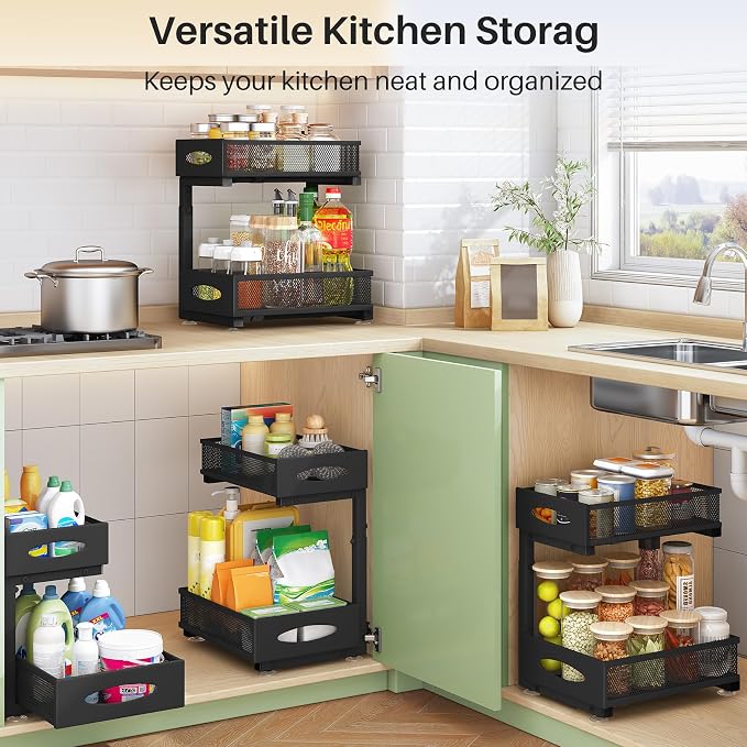 Under Sink Organizer, 2 Tier Pull out Cabinet Organizer Baskets with Mesh Sliding Drawers, Slide out Storage Shelf for Home, Kitchen, Bathroom, Pantry, Office Cabinet, Countertop(1 Pack) - Image 8