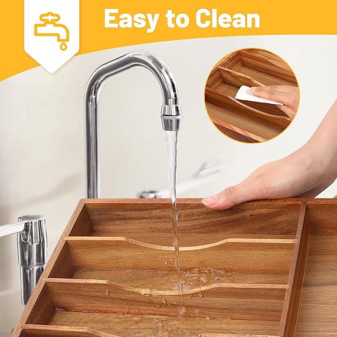 Kitchen Acacia Silverware Organizer - Extra Deep Grooved Drawer Divider, 7 Slot Utensil Organizer - Image 7