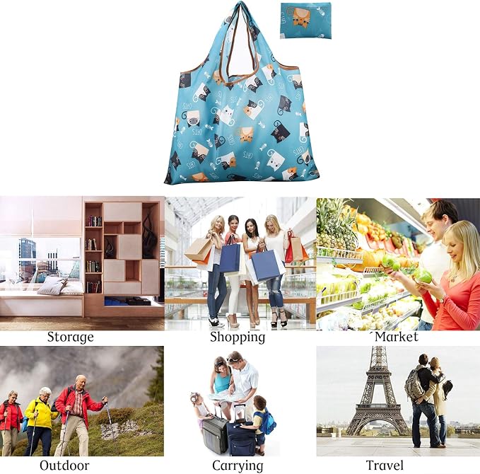 Reusable Grocery Bag, 2 Packs Large Washable | Foldable Eco Friendly Nylon Heavy Duty Fits in Pocket Shopping Tote Bag Mothers Day Gifts (Cattie) - Image 7