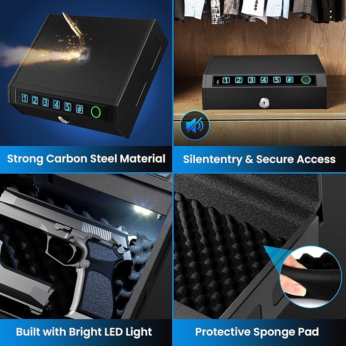 Biometric Gun Safe for Handguns, Gun Case Fits 2-3 Handguns | Fingerprint Pistol Safe, Nightstand, LED Light, Stealth Mode, Security Cable, Carbon Steel, Portable Lock Box, 1s Open - Image 4