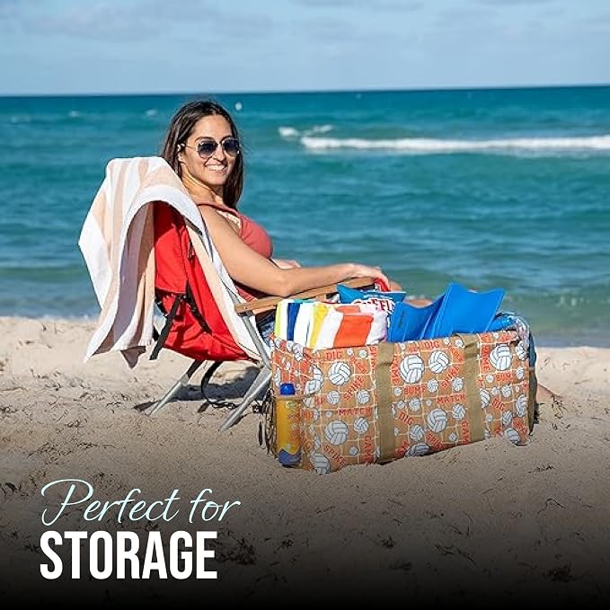 Extra Large Utility Tote Bag - Oversized Collapsible Reusable Wire Frame Rectangular Canvas Basket With Two Exterior Pockets For Beach, Pool, Laundry, Car Trunk, Storage - Volleyball - Image 2