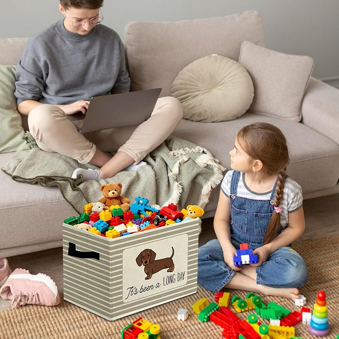 Rustic Dachshund Storage Bins Boxes with Handles | toys books clothes, it's been a long day grey striped nursery foldable basket for organizing bedroom toddler room playroom - Image 4