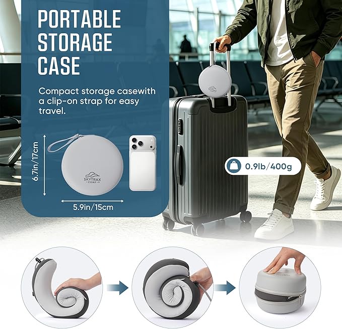 SKYTRAX COMF® Premium Ergonomic Memory Foam Travel Neck Pillow, Washable Cooling Ice Silk Cover, Firm Neck Support for Airplane Long Flights & Pain Relief, with Portable Carry Case (Grey) - Image 6