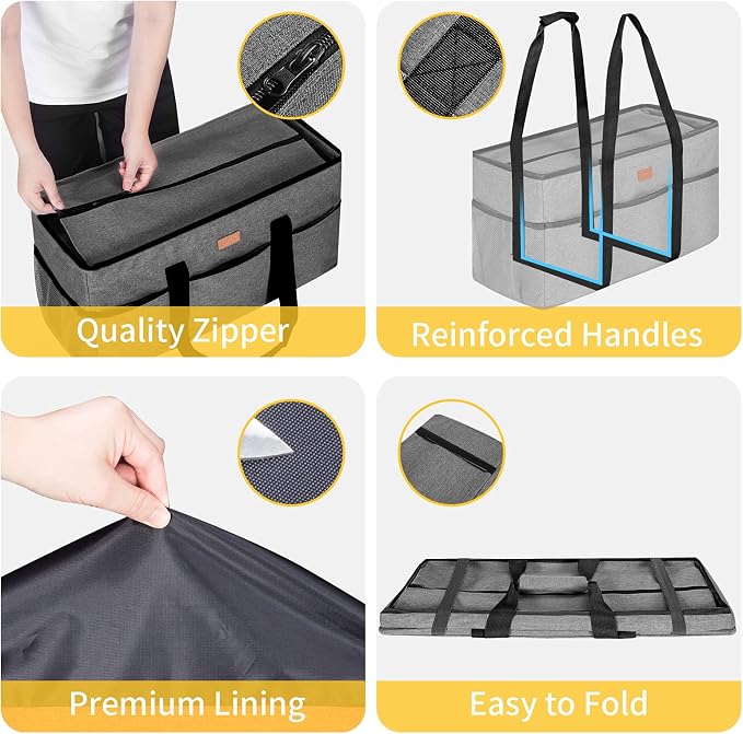 LHZK Stand Up Extra Large Utility Tote Bag with Lid, Utility Tote Bag with Metal Wire Frame and the Sides Rinforced, Reusable Grocery Bags Foldable, Beach Bag, Car Tote (Gray) - Image 2