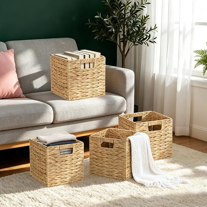 Water Hyacinth Storage Baskets 9in, 4 Pack Wicker Storage Cubes with Handles, Foldable Natural Woven Baskets for Shelves Closet Bathroom, Handmade Organizer Bins - Image 6