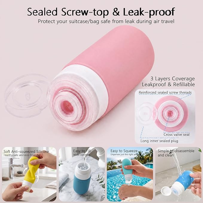 24 Pack Travel Bottles for Toiletries -TSA Approved Leak Proof Silicone Set | Refillable Travel Size Containers Kits with Perfume Spray Bottle for Shampoo, Conditioner, Lotion, Cosmetic (Colorful) - Image 3