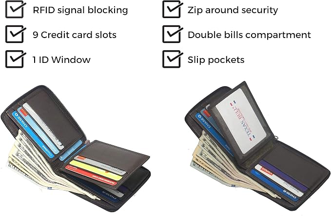 RFID Men's Leather Zipper wallet Zip Around Wallet Bifold Multi Card Holder (Brown) - Image 4