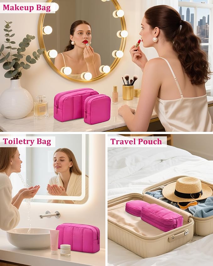 2 Pcs Makeup Bag Travel Toiletry Bag for Women Puffy Padded Cosmetic Pouch Purse Wide-open Makeup Organizer Case Travel Essentials - Image 6