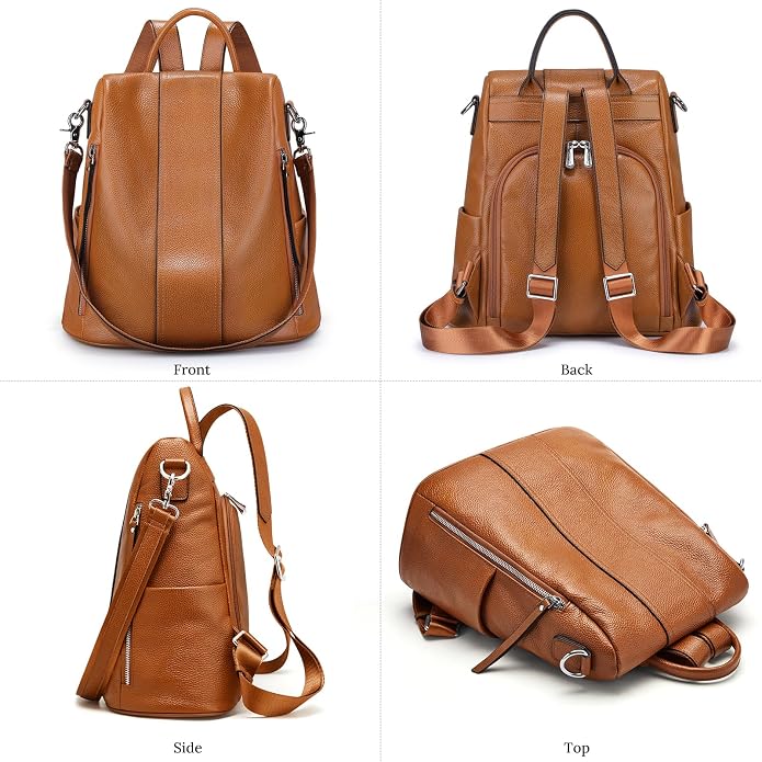 S-ZONE Leather Backpack Purses for Women Antitheft Rucksack Shoulder Bag Medium | Genuine Leather, Medium Fits 9.7-inch Tablet, for Work Travel Daily Commute, Multi Pockets, Adjustable Dual Straps - Image 6