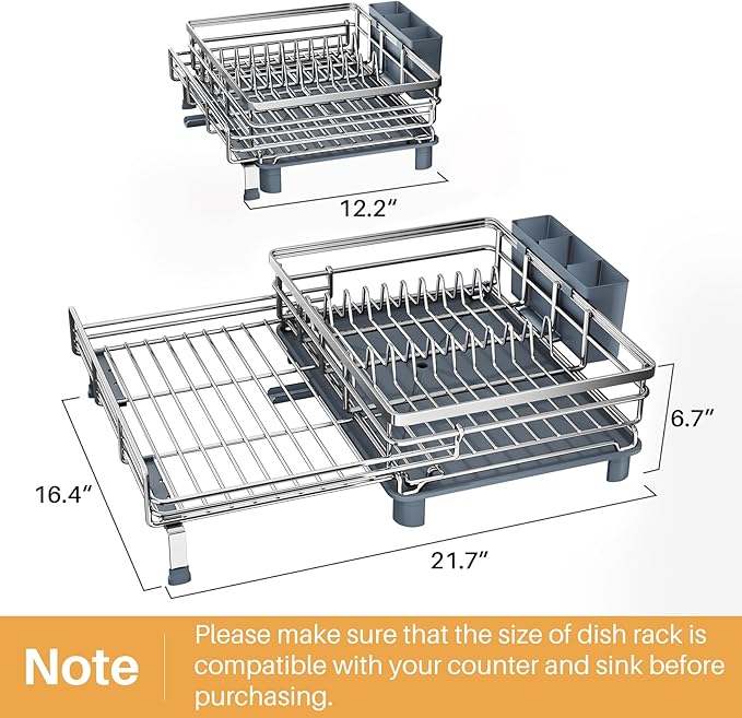 Expandable Dish Drying Rack for Kitchen Counter, Stainless Steel, Silver | Foldable Over Sink, Large Capacity, Adjust to Fit Most Sinks, Angled Drainboard, Removable Utensil Holder, Slip Resistant - Image 6